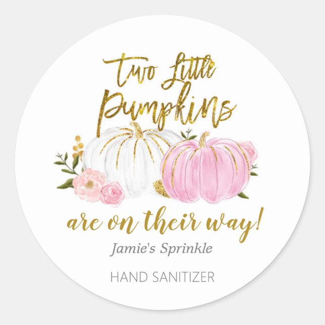 Twin Pink and Gold Pumpkin Baby Shower Classic Round Sticker (Front)