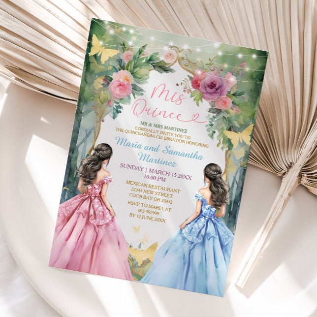 Twin Pink Blue Dress Floral Princess Mis Quince Invitation (Creator Uploaded)