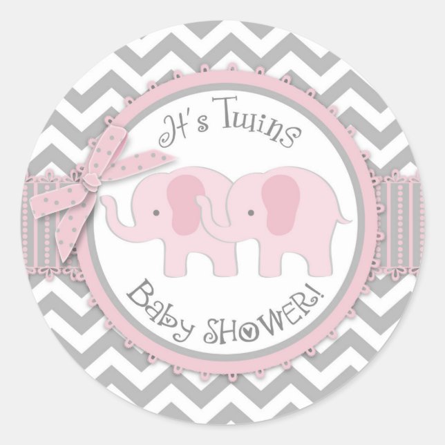 Twin Pink Elephants Grey White Chevron Baby Shower Classic Round Sticker (Front)