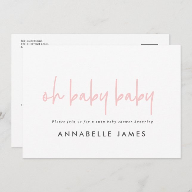 twin pink girly modern typography contemporary invitation (Front/Back)