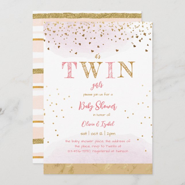 Twin Pink Gold Glitter Simple Baby Girl Shower Invitation (Front/Back)