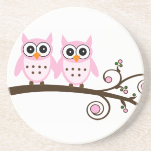 Twin Pink Owls on Brown Branch Coaster