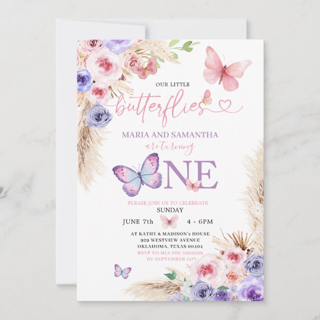 Twin Pink Purple Butterfly First Birthday Floral Invitation (Front)