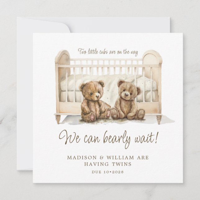 Twin Pregnancy Announcement Neutral Teddy Bears (Front)