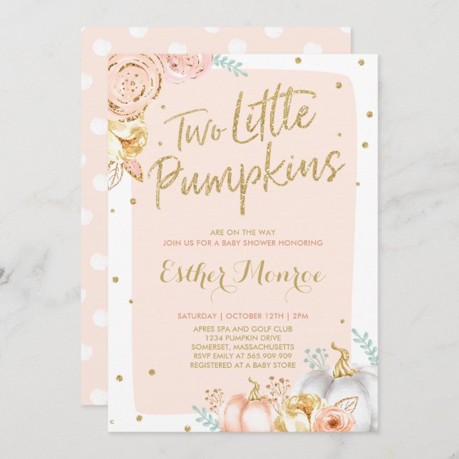 Twin Pumpkin Baby Shower Invitation Pink And Gold (Front/Back)
