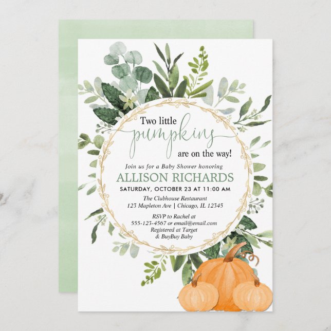 Twin pumpkin baby shower, two little pumpkins fall invitation (Front/Back)