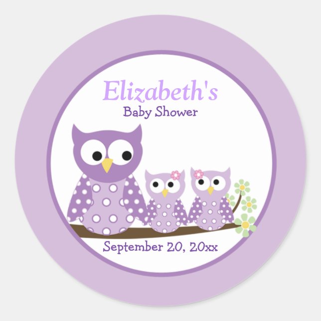 Twin Purple Owls Baby Shower Favour Sticker (Front)