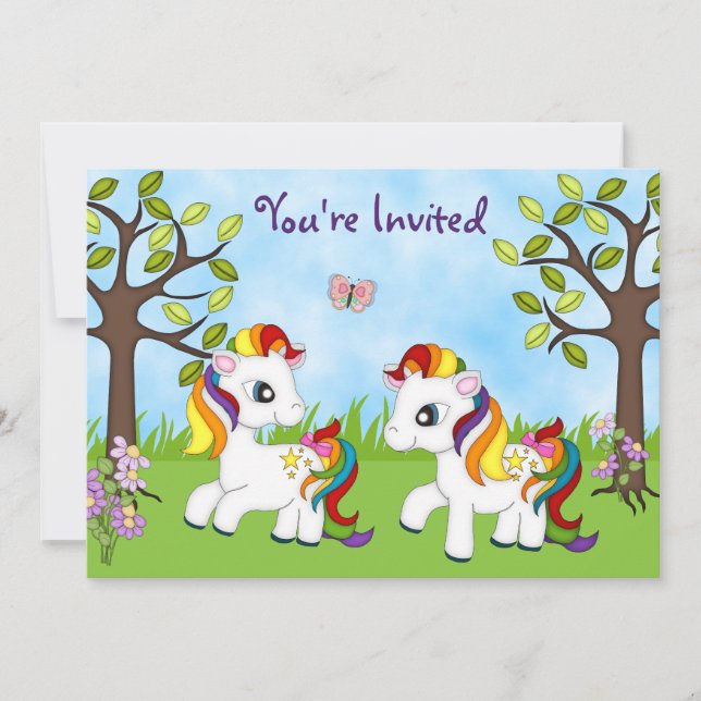 Twin Rainbow Ponies Horse Birthday Invitations (Front)