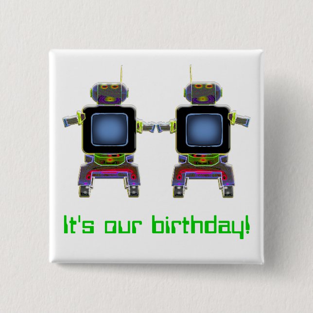 twin robots in neon colours 15 cm square badge (Front)