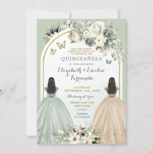 Twin Sage Green and Ivory Quinceañera Princesses Invitation