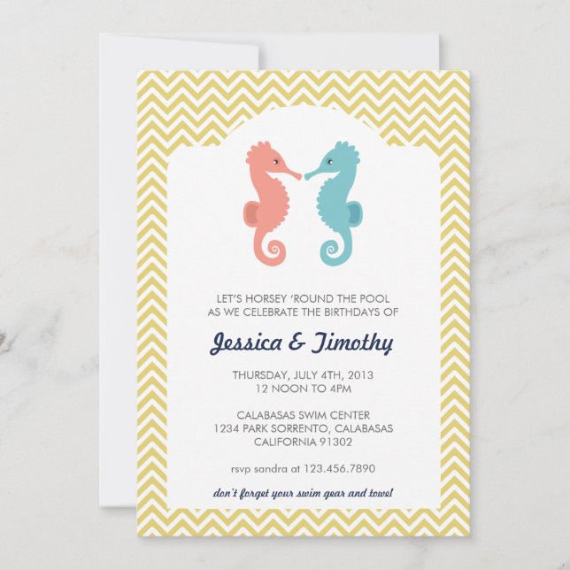Twin Seahorses Double Birthday Party Invitation (Front)