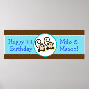 TWIN Silly Monkeys Personalized Birthday Banner Poster
