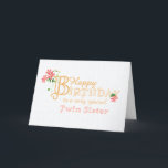 Twin Sister Birthday with Clematis Flowers Card<br><div class="desc">An elegant, minimalist birthday card for your Twin Sister with gold-effect lettering and pinkish-red Clematis flowers and their long, rambling stems and leaves. The front cover greeting is, 'Happy Birthday to a very special Twin Sister' in gold-effect lettering with an outsize letter 'B' entwined with a cluster of Clematis flowers...</div>