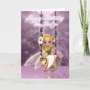 Twin Sister Happy Birthday cute fairy on flower sw Card