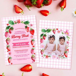 Twin Sisters Joint Berry First Birthday Photo  Invitation