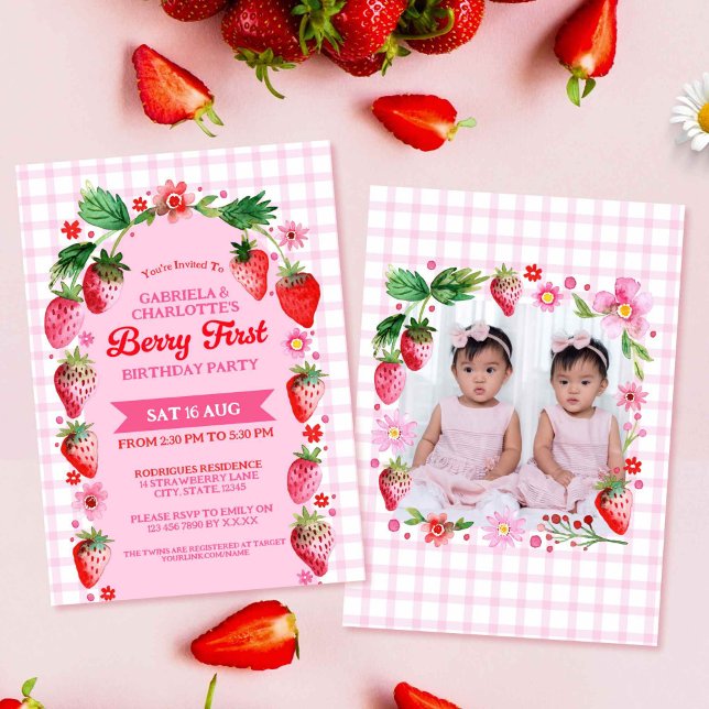 Twin Sisters Joint Berry First Birthday Photo  Invitation (Twin Sisters Joint Berry First Birthday Photo Invitation)