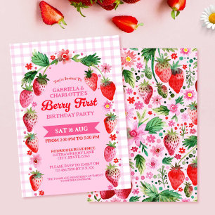 Twin Sisters Joint Strawberr Berry First Birthday  Invitation
