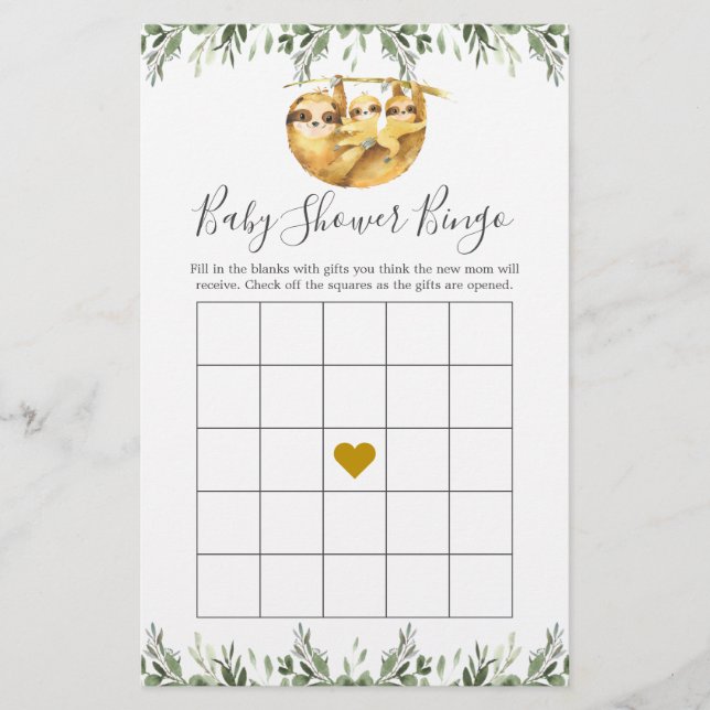 Twin Sloths Baby Shower Bingo Game (Front)