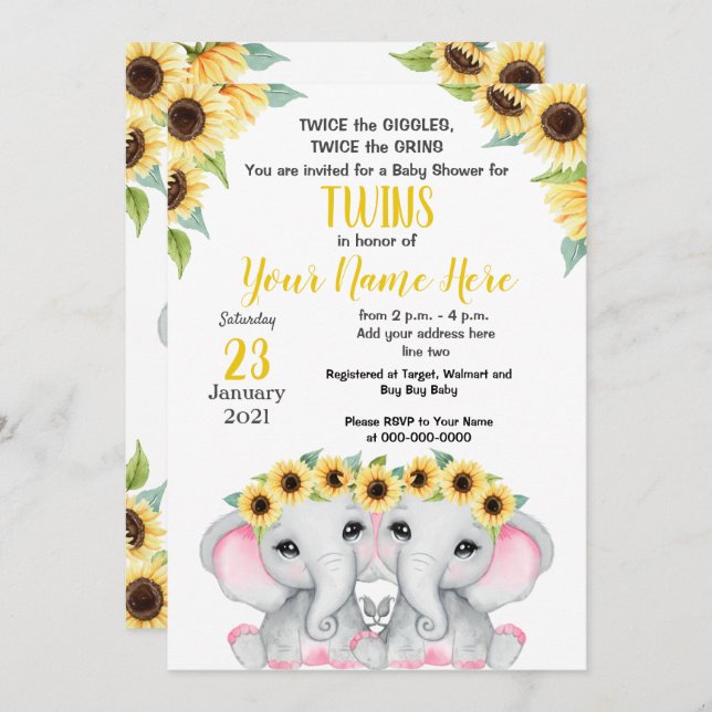 TWIN Sunflower Girls Elephant Yellow Pink Shower Invitation (Front/Back)