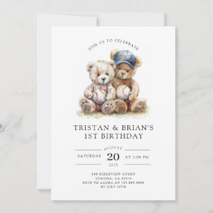 Twin Teddy Bear Watercolor Boy's 1st Birthday  Invitation