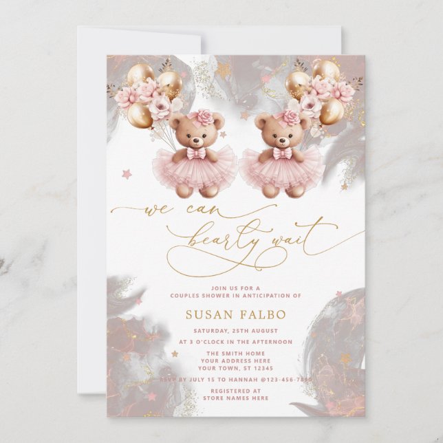 Twin Teddy Bear We Can Bearly Wait Baby Shower Invitation (Front)