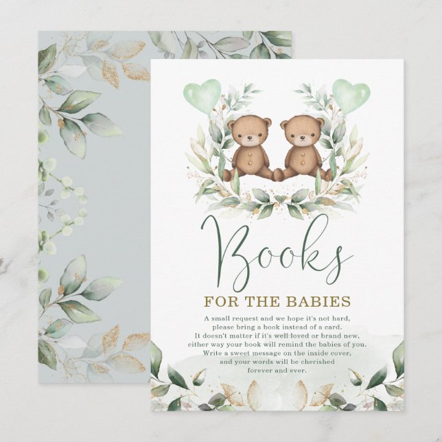 Twin Teddy Bears Greenery Gold Books for Baby Enclosure Card (Front/Back)