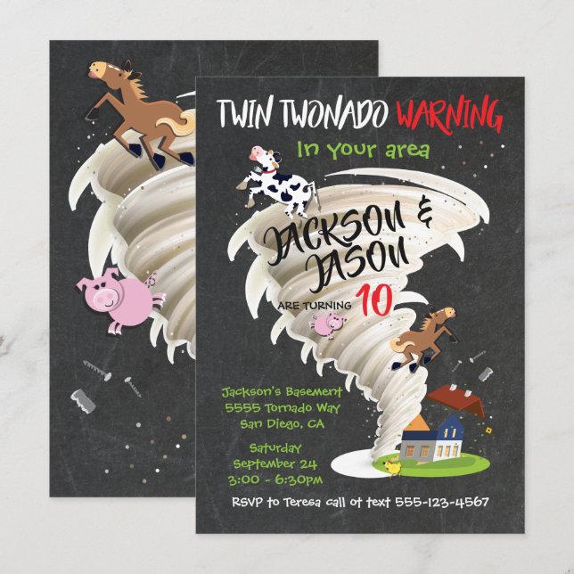 Twin Tornado Birthday Party Invitation (Front/Back)