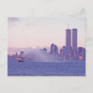 Twin Towers With Fireboat Sunset Water Display. Postcard
