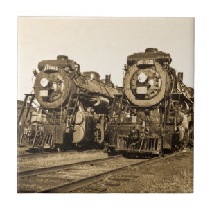 Twin Train Engines Vintage Locomotives Railroad Tile