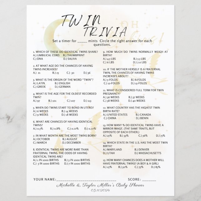 Twin Trivia Game, Oh Babies Neutral Twin Storks (Front)