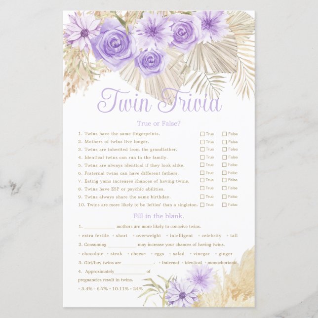 Twin Trivia Game Pampas Lavender Boho Baby Shower (Front)