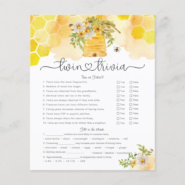 Twin Trivia Honey Bee Baby Shower Game (Front)