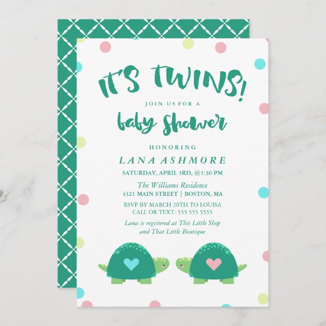 Twin Turtles | Blue Pink Twins Baby Shower Invitation (Front/Back)