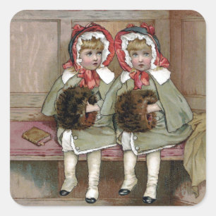 Twin Victorian Girls Awaiting Sermon Square Sticker