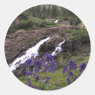Twin Waterfall and Purple Flowers Classic Round Sticker