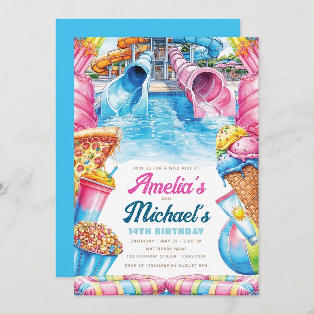 Twin Waterpark Birthday Double Summer Party Invitation (Front/Back)
