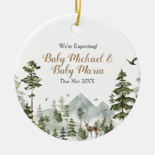 Twin We're Expecting Parents Winter Pine Tree Ceramic Ornament