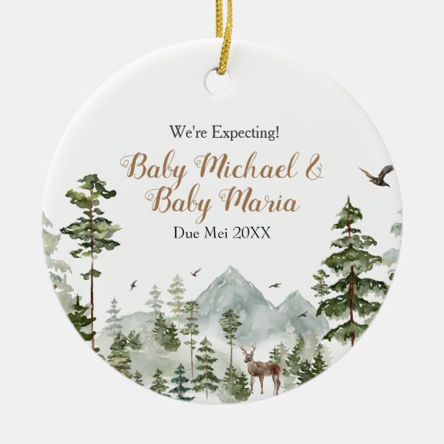 Twin We're Expecting Parents Winter Pine Tree Ceramic Ornament (Front)