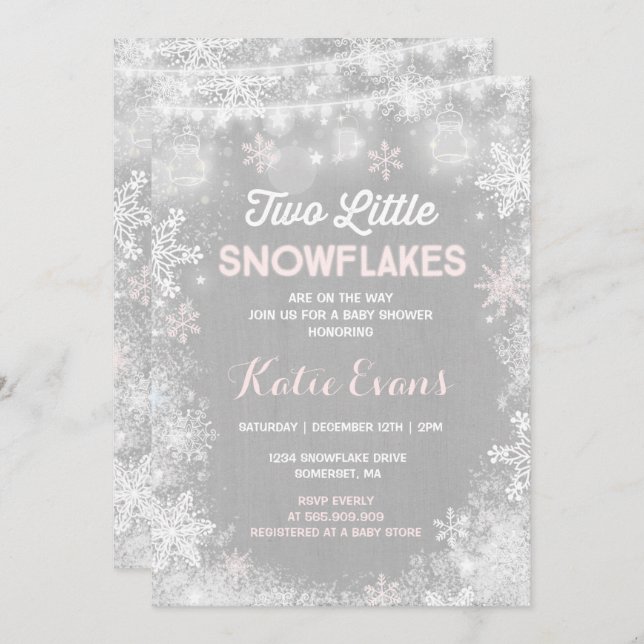 Twin Winter Baby Shower Invitation Rustic Pink (Front/Back)