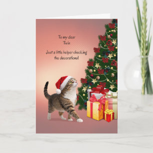 Twin with Cat in a Christmas Hat and Christmas Holiday Card