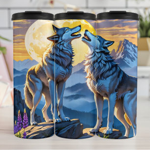 Twin Wolves, Moonlight Mountain Harmony. Thermal Tumbler