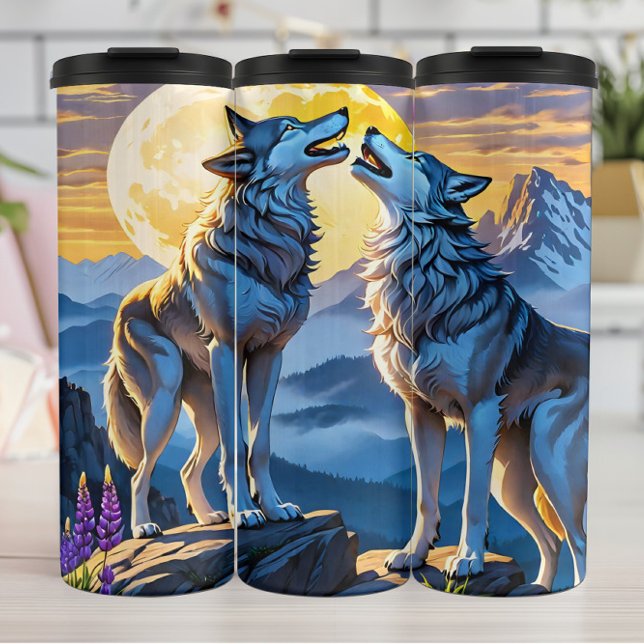 Twin Wolves, Moonlight Mountain Harmony. Thermal Tumbler (Creator Uploaded)
