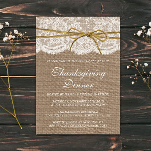Twine Bow On Burlap & Lace Thanksgiving Dinner Invitation