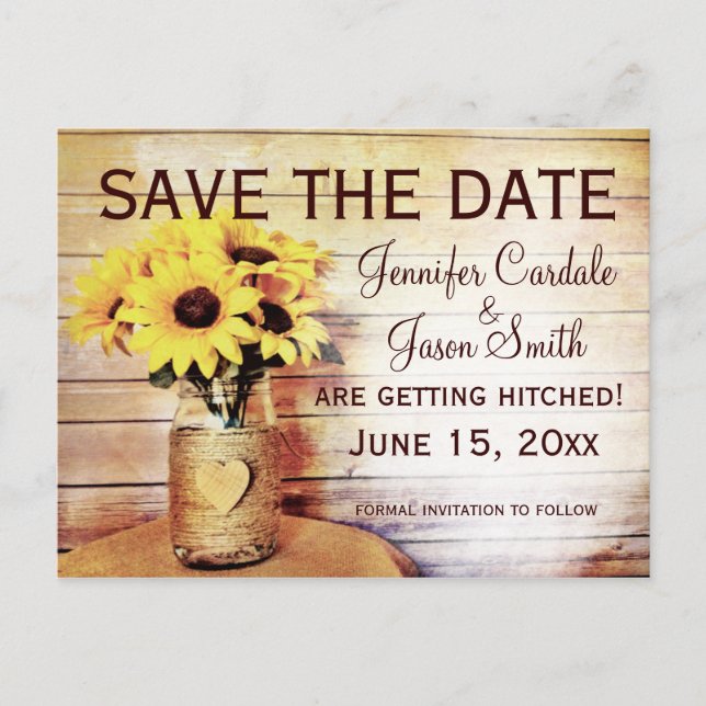 Twine Wrapped Mason Jar Sunflower Save the Date Postcard (Front)