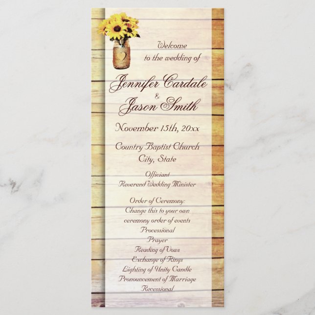 Twine Wrapped Mason Jar Sunflower Wedding Programs (Front)