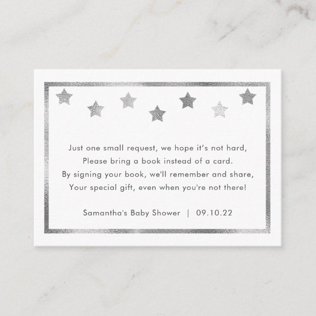 Twinkle Baby Shower book request, silver stars Enclosure Card (Front)