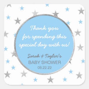 Twinkle Baby Shower favour sticker, blue silver Square Sticker