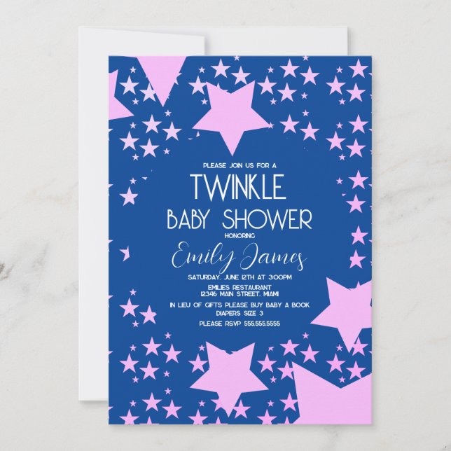 Twinkle Baby Shower Pink Stars Blue Background Invitation (Front)