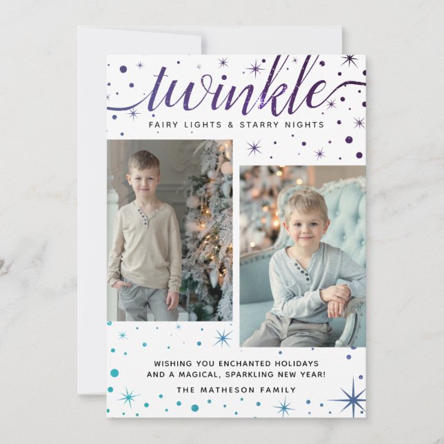 TWINKLE Falling Snow Pattern | Purple & Teal Holiday Card (Front)