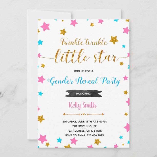 Twinkle gender reveal party invitation (Front)